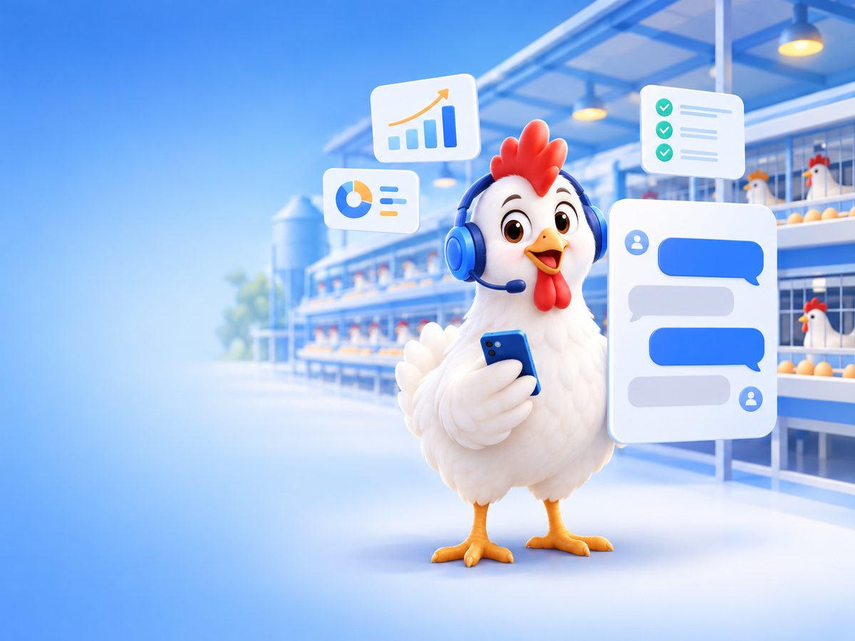 Maskot ayam KandangPetelur.com ber-headset memegang ponsel, dikelilingi kartu grafik, ceklis tugas, dan gelembung chat