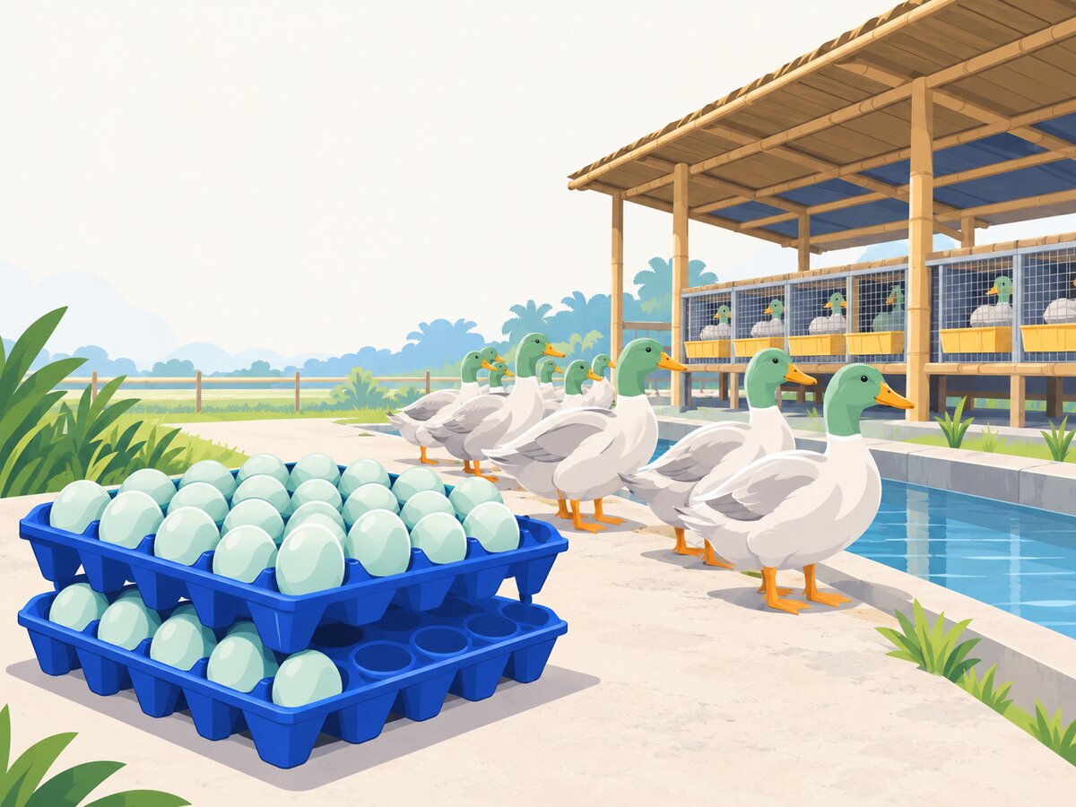 Ilustrasi peternakan bebek petelur: sekelompok bebek berdiri di samping saluran air, rak trey biru berisi telur bebek kebiruan di depan kandang terbuka