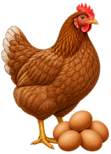 Ilustrasi ayam petelur cokelat bersama sekelompok telur