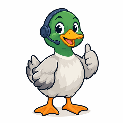 Maskot bebek KandangPetelur.com ber-headset memberi jempol
