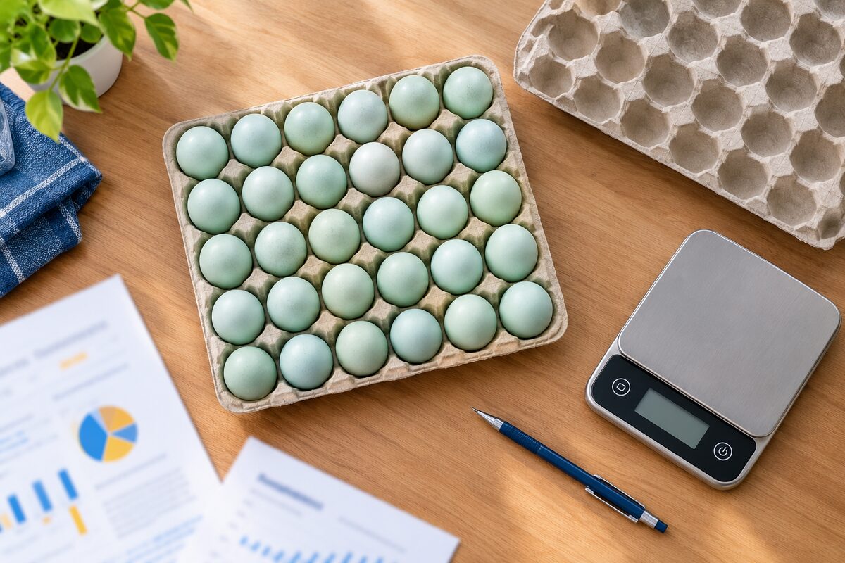 Rak trey 30 lubang berisi telur bebek kebiruan di atas meja kayu, berdampingan dengan timbangan digital, pulpen, dan dokumen penjualan yang tidak terbaca