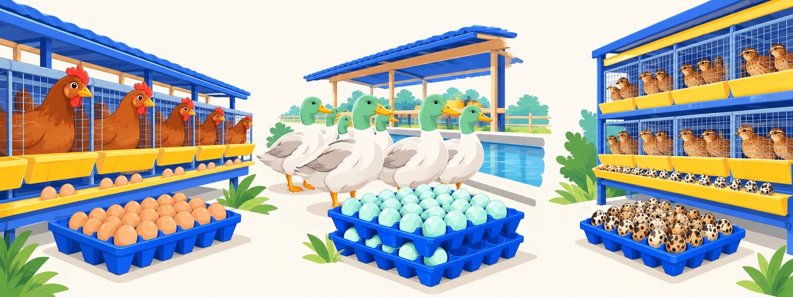 Tiga unggas petelur dalam satu sistem pencatatan: ayam petelur di kandang dengan tray telur cokelat, bebek petelur dengan rak trey telur kebiruan, dan puyuh di kandang battery dengan telur loreng